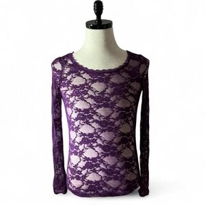 Bozzzo Y2K Purple Lace‎ Long Sleeve Scoop Neck Sheer Women Top Layering Shirt